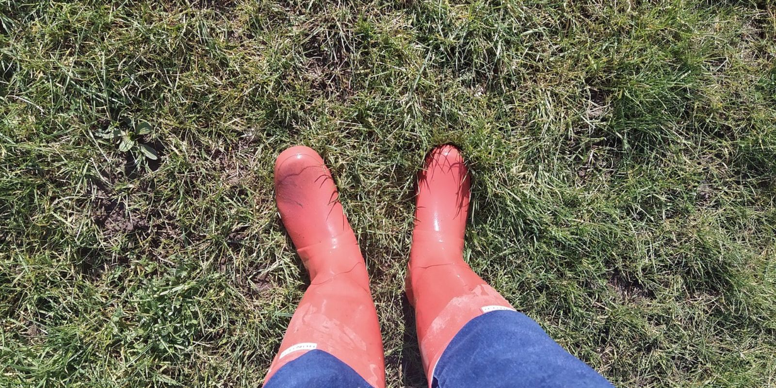 A person standing on grass wearing wellies
