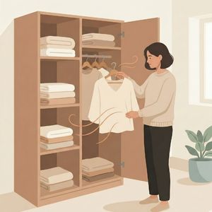 A woman stands in front of an open wardrobe, holding a white shirt on a hanger. Shelves are filled with neatly folded towels.