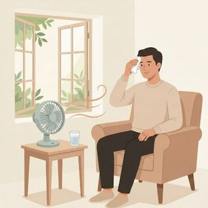 A man sits in a chair, wiping sweat from his forehead, with a fan and a glass of water on a table beside him. An open window shows greenery.