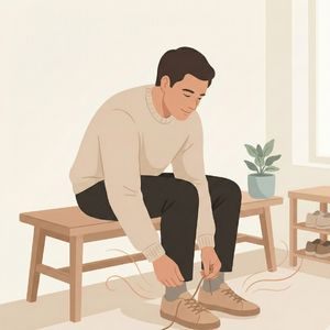 A person sitting on a bench tying shoelaces, with a potted plant and a shoe rack nearby in a softly lit room.