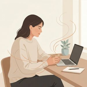 Person sitting at a desk with a laptop, holding a steaming cup. A notebook and a potted plant are nearby, creating a cozy workspace.