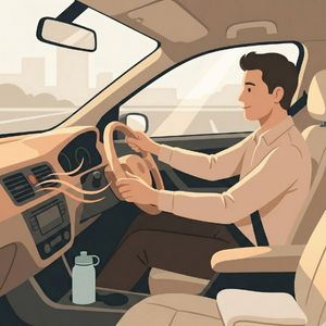 A person driving a car with a relaxed expression, holding the steering wheel. Sunlight streams through the windshield, illuminating the