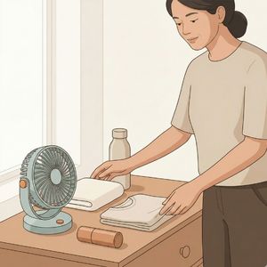 A person folding clothes on a wooden table with a small fan, a water bottle, and a cylindrical container nearby.