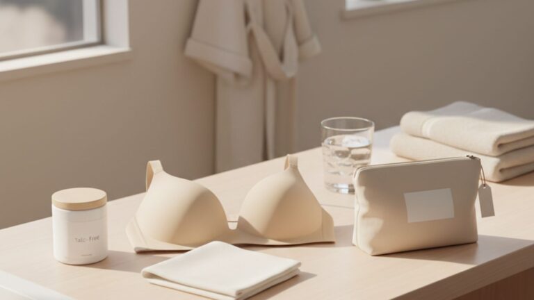 A beige bra, candle, pouch, and folded towels on a wooden table in soft light. Stay comfortable with boob sweat in this serene setting.