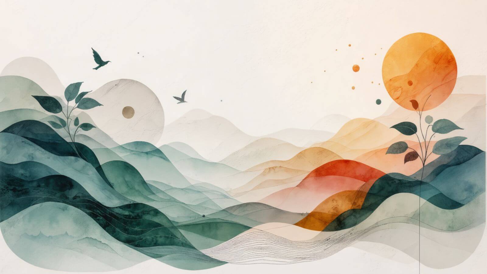desweat-hero Abstract landscape with flowing green and orange waves, two birds, and stylized sun and moon. Minimalist plants accent the scene.