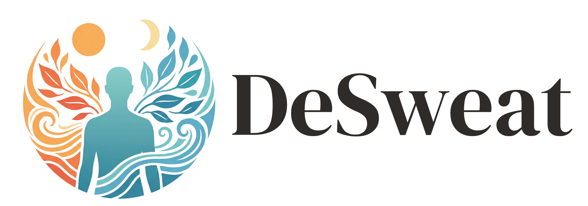 Silhouette with colorful wings and celestial elements beside the Desweat logo, symbolizing balance and tranquility.