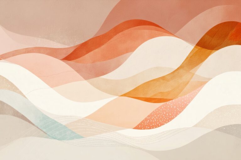 Abstract artwork featuring flowing, overlapping waves in warm tones of red, orange, and beige, with subtle textures and gradients.
